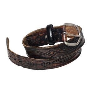 Men's Western Genuine Leather Belt Embossed Geometric Engraved 44" Distressed